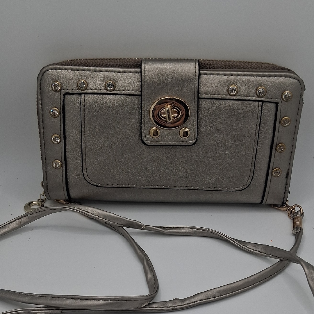 Metallic Silver TurnLock Crossbody Wallet